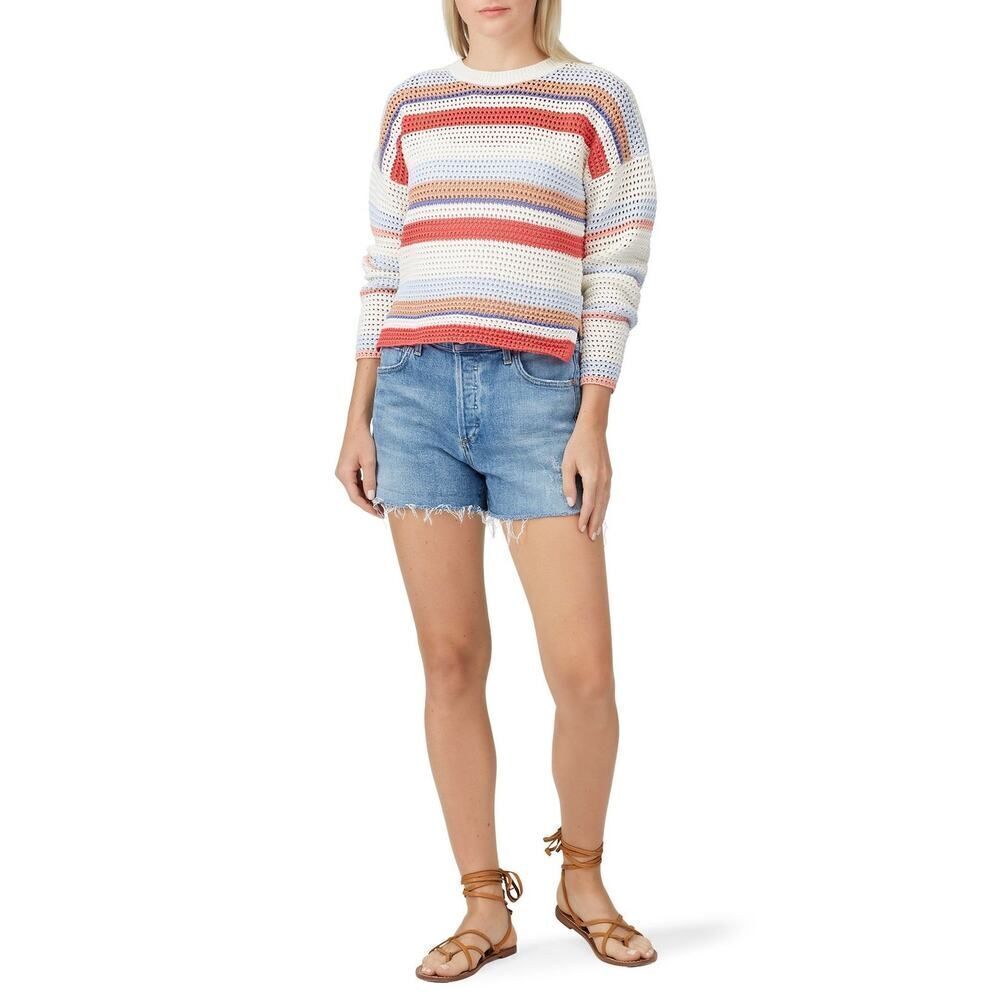 Joie Diza Crochet Sweater Women's XS Ivory Red Striped Long Sleeve Pullover RTR